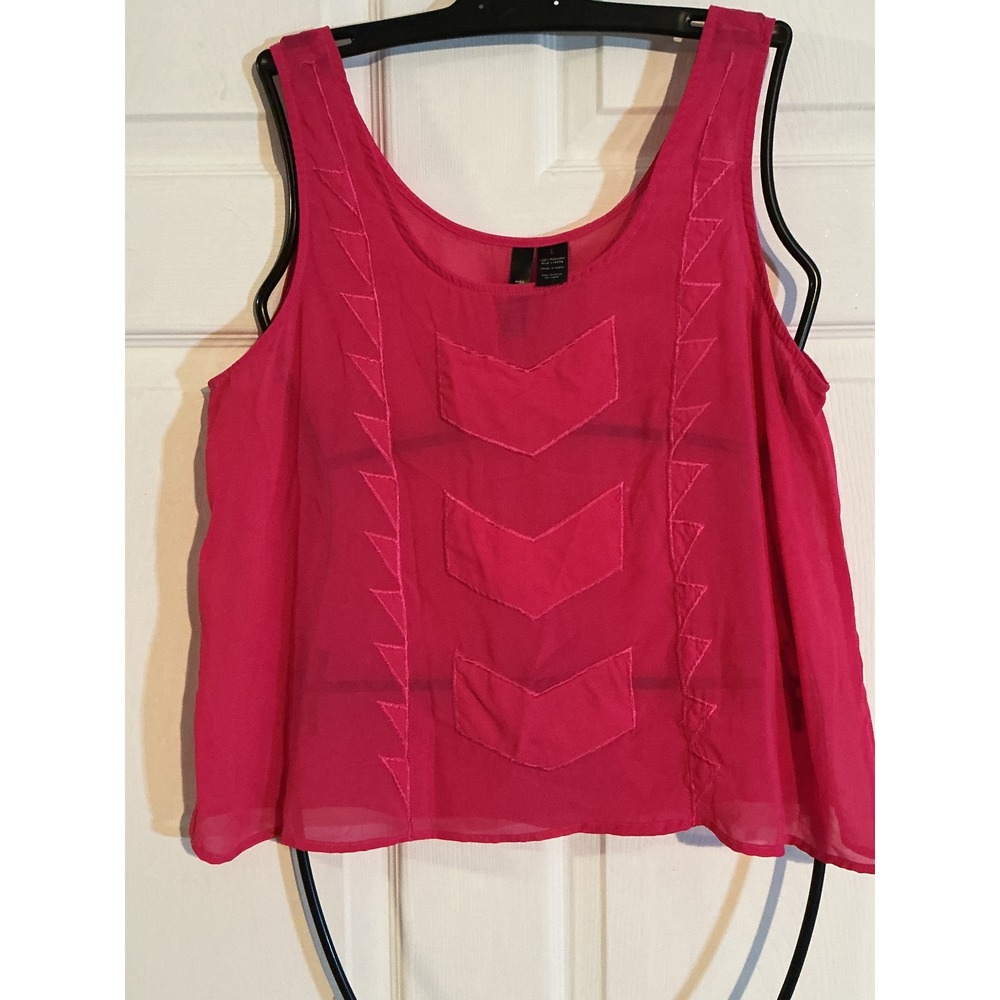 MNG Mango Women Pink Chiffon Sleeveless Top Chevron‎ Applique Scoop Neck Large